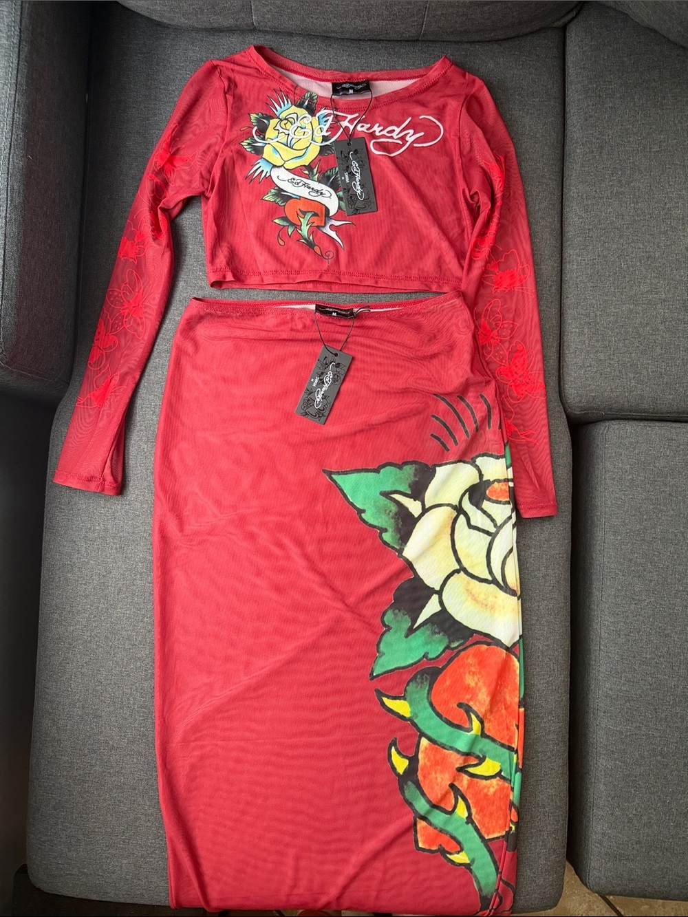 Ed Hardy Red 2 Piece Swim Cover Up Crop Top Maxi Skirt Set Y2K M NWT - Picture 2 of 13